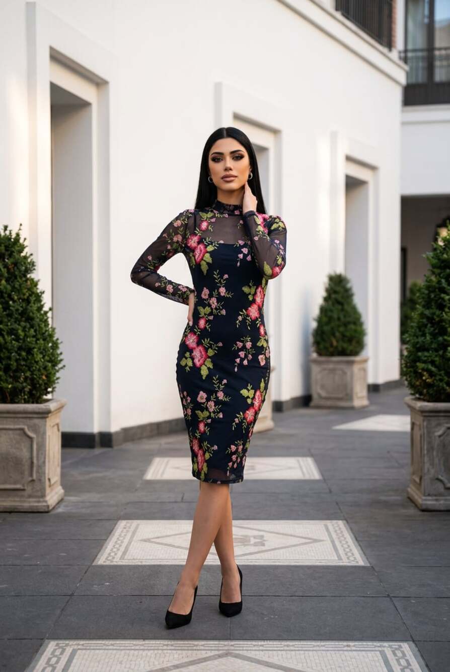 Lulus Garden Me Navy Blue Floral Embroidered Mesh Long Sleeve Bodycon Dress Size